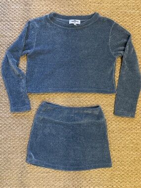 Cute Girls Ribbed Knit Crop Top & Skirt Set - Blue